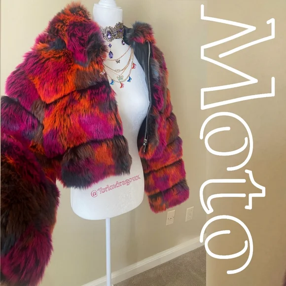 NWT Fur Moto Bright Neon Tie-Dye Moto Zip Up Hooded Fur Puffer
